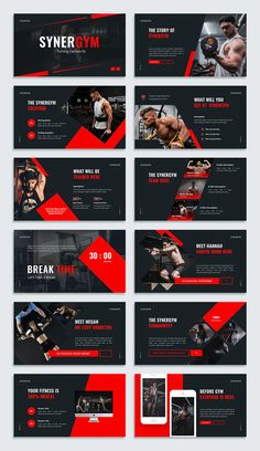 the gym powerpoint presentation is displayed in red and black colors, with an image of a