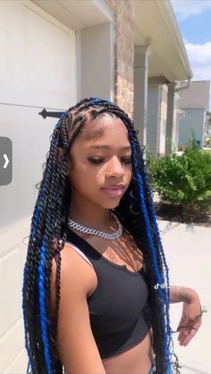 Braided Hairstyles With Blue Hair, Braids Hairstyles For Graduation, Teal And Black Braids, Back To Hairstyles For Black Teens, Blue And Black Hair Braids, Black And Blue Goddess Braids, Braids Blue And Black, Braids Birthday Hairstyles, Cute Prom Hairstyles For Long Hair