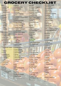 grocery checklist with shopping cart full of oranges and other fruits in the background