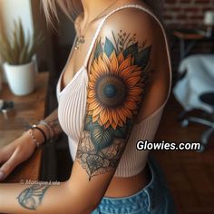 a woman with a sunflower tattoo on her arm and shoulder is looking at the camera