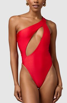 "This one-shoulder swimsuit has a surprise sexy open back design. High cut sides make the legs appear super long and yummy.  This can even be worn with jeans and heels for a super sexy night out! " Double lined High cut at hips – Super trendy 80’s style cut that elongates the legs Cheeky coverage – The most flattering cut Red Swimwear, One Shoulder Swimsuit, Catamaran, Nordstrom Store, Back Design, Anniversary Sale, High Cut, One Piece Swimsuit, Open Back