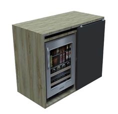 an image of a wine cooler in the shape of a cabinet with its door open