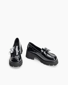 Details Women Size: US 5-11 Heel Height: 6.5cm/2.56" Color: Black Toe: Round Toe Material Lining Material: Microfiber Leather Outsole Material: Rubber Upper Material: Patent Leather Insole Material: PU Leather Platform Loafers, Rhinestone Decor, Patent Leather, Pu Leather, Heel Height, Loafers, Womens Sizes, United States, Heels