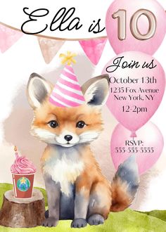 a birthday party with a fox and cupcake on the front, and balloons in the background