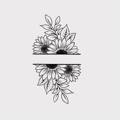 a black and white drawing of two sunflowers with leaves on the top one