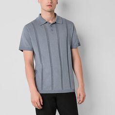 This J. Ferrar men's knit polo shirt has a smart vintage aesthetic you'll appreciate for effortless styling. Made from a recycled stretch-knit, this short-sleeve fitted pullover has a collar neck, a button placket closure and a striped textured finish. Team it with chinos or jeans. Closure Type: Pullover Head, ButtonFit: FittedNeckline: Collar NeckSleeve Length: Short SleeveApparel Length: 28 Inches - BackFiber Content: 53% Cotton, 30% Recycled Polyester, 17% NylonCare: Machine Wash, Tumble DryC Classic Gray Tops With Ribbed Collar, Mens Short Sleeve Sweater, Casual Moisture-wicking Short Sleeve Polo Shirt, Stretch Moisture-wicking Short Sleeve Polo Shirt, Knit Polo Shirt, Moisture-wicking Short Sleeve Golf Polo Shirt, Collar Neck, Knit Polo, Short Sleeve Pullover