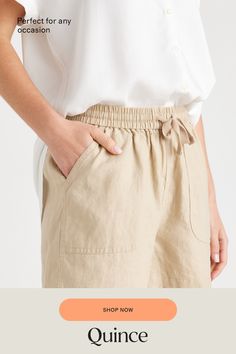 Relaxed and lightweight, these shorts are equally perfect for lounging around or stepping out to see friends. Made from soft, 100% organic linen, they’re a perfect addition for the warm weather.  | Quince | Women's Shorts in Driftwood, Size Large, Linen Casual Neutral Shorts For Beach, Casual Neutral Shorts For The Beach, Casual Neutral Beach Shorts, Neutral Short Bottoms For Vacation, Short Neutral Bottoms For Vacation, Vacation Neutral Short Bottoms, Neutral Relaxed Fit Shorts For Beach, Relaxed Fit Neutral Shorts For Vacation, Beige Summer Shorts For Everyday