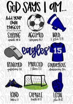 a poster with soccer related items and words in black, white, and blue colors