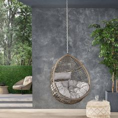 a hanging chair next to a potted plant