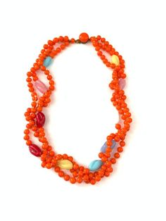 Vintage Colorful Glass Beaded Necklace, Art Deco Orange Glass Multi Color Rainbow Necklace, Bright b Beaded Orange, Deco Orange, Colorful Beaded Necklace, Color Twist, Necklace Art Deco, Twist Beads, Orange Necklace, Necklace Art, Rainbow Necklace