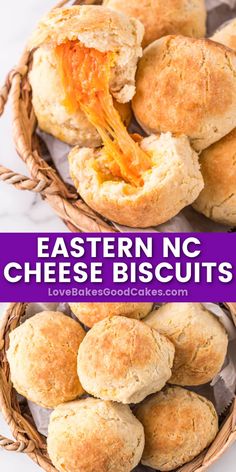 a basket filled with cheese biscuits on top of a table