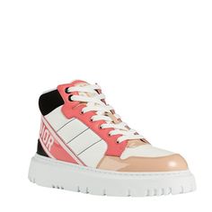 The D-player sneaker takes the classic basketball shoe and updates It In a couture version. The pink multicolor version Is crafted in a combination of technical fabric and calfskin and features patent details. Boasting a 'Christian Dior' signature band at the back, the contemporary sneaker is completed by a soft, lightweight sole.Round toeTreaded soleLace-upUpper: Technical Fabric, Leather; Sole: EVAMade in Italy Modern Pink Sneakers With Translucent Outsole, Trendy Pink High-top Sneakers With Contrast Sole, Designer High-top Platform Sneakers With Contrast Sole, Luxury Lace-up High-top Sneakers With Translucent Outsole, Designer Patent Leather Sneakers With Contrast Sole, Modern Pink High-top Sneakers, Luxury White Patent Leather Sneakers, Sporty High-top Patent Leather Sneakers, Sporty Patent Leather High-top Sneakers