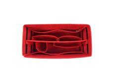 a red case with three compartments and two spoons in the bottom, on a white background