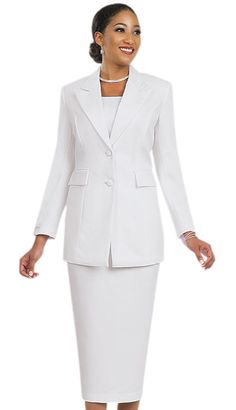 The Ben Marc 2299-WHT Church Suit represents sophistication and class all wrapped up in one beautiful package. This stunning two-piece ensemble features a single-breasted jacket poised with a sharp notch lapel that adds a refined touch to the outfit. The clean lines and structured form of the jacket ensure a flattering fit that enhances the silhouette. Accompanying the jacket is a knee-length skirt, crafted to complement the jacket's tailored appearance. The skirt remains conservative enough for Formal Fitted Solid Color Skirt Suit, Formal Fitted Solid Skirt Suit, Solid Color Fitted Skirt Suit For Formal Occasions, Fitted Skirt Suit For Formal Occasions, Fitted Notch Lapel Professional Skirt Suit, Professional Fitted Notch Lapel Skirt Suit, Professional Notch Lapel Fitted Skirt Suit, Professional Fitted Skirt Suit With Notch Lapel, Fitted Professional Blazer Dress