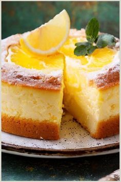 a lemon cake is cut into slices on a plate