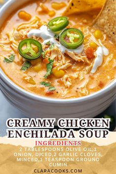 Creamy Chicken Enchilada Soup Chicken Enchiladas Soup, Crockpot Chicken Enchilada Soup, Easy Crockpot Soup, Chicken Beans, Crockpot Soup, Broccoli Cheese Soup Recipes, Creamy Chicken Enchiladas, Pizza Salad, Easy To Make Dinners