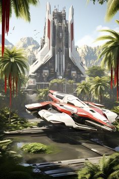 some futuristic vehicles are parked in front of a large building with mountains and palm trees