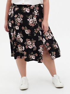 Black Floral Stretch Challis Slit A-Line Midi SkirtBlack Floral Stretch Challis Slit A-Line Midi Skirt, FLORAL - BLACK Skirt Images, Cold Shoulder Lace, Fitted Wedding Dress, Skirt Floral, Black Midi Skirt, Plus Size Skirts, Plus Size Womens Clothing, Bottom Clothes, Black Floral