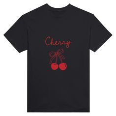 Be boldly stylish with our Cute Coquette Cherry Printed T-Shirt. Available in a variety of vibrant colors, this shirt is perfect for those who want to make a statement while staying comfortable. Express your unique personality and stand out from the crowd with this fun and playful piece.- A classic t-shirt with crew neck.- Air-jet spun yarn with a soft feel and reduced pilling.- Double-needle stitched collar, shoulders, armholes, cuffs, and hem.- 100 % cotton. Trendy Red T-shirt With Text Print, Trendy Red Tops With Graphic Design, Trendy Red Graphic Design Tops, Cute Black Graphic T-shirt, Trendy Red Top With Funny Print, Trendy Red Slogan T-shirt, Cute Summer Graphic T-shirt, Cute Summer T-shirt With Graphic Design, Trendy Red T-shirt With Screen Print