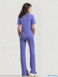 Orcajump - Stylish Knit Set with Solid Color Turtleneck Short Sleeve Top and Wide Leg Pants Fitted Knit Casual Sets, Casual Purple Workwear Set, Casual Purple Sets For Workwear, Leg Pants, Knit Set, Quarter Sleeve, Three Quarter Sleeves, Three Quarter, Sleeve Top