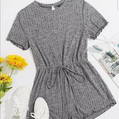 Shein Rib-Knit Romper. Size Xs. Grey. Never Worn. Drawstring Waist Summer Playsuit, Short Playsuit, Casual Rompers, Knitted Romper, Cute Rompers, Girls Fashion Clothes, Teenage Fashion Outfits, Teen Fashion Outfits, Grey Fashion