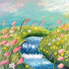 a painting of a stream with flowers in the foreground and stars in the background