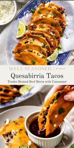 quesadilla tacos on a plate with dipping sauce