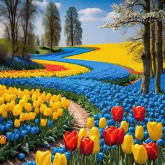 a field full of colorful tulips and trees