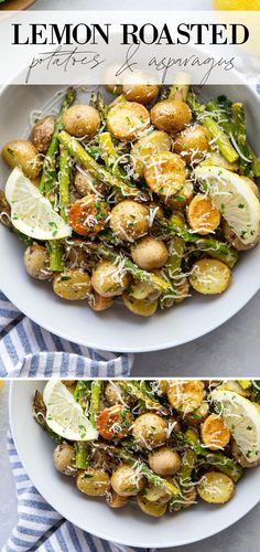 lemon roasted potatoes and asparagus with parmesan cheese on top in a white bowl