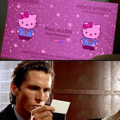 there are two pictures with hello kitty on them and one has a business card in his hand