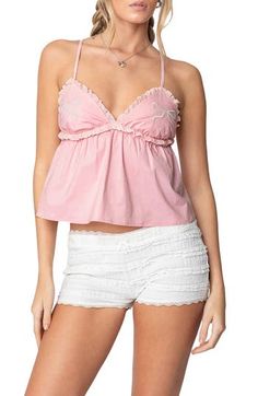 Channel irresistible retro style in this babydoll top featuring bow embroidery and delightful ruffle details. Sweetheart neck Adjustable straps 100% cotton Machine wash, dry flat Imported Flirty Ruffled Camisole Top, Flirty Camisole Top With Ruffles, Coquette Tops With Lace Trim And Spaghetti Straps, Sweet Pink Summer Tops, Sweet Pink Summer Top, Cotton Tops With Ruffle Hem And Ruffled Straps, Cotton Tops With Ruffled Hem And Straps, Spring Flirty Cami Top, Feminine Camisole Top For Pajama Party