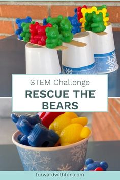 counting bears balanced on pape cups and popsicle sticks Kindergarten Stem Challenges, Stem Engineering Activities, Kindergarten Science Experiments, Math Stem Activities, Simple Stem Activities, Stem Lesson Plans, Children Working