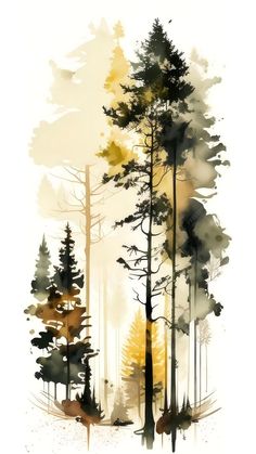 watercolor painting of trees in the woods