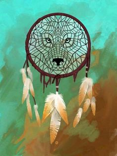 a painting of a wolf with feathers on it's head and the words dream catcher written below