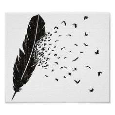 a black and white drawing of a feather with birds flying around it on a white background