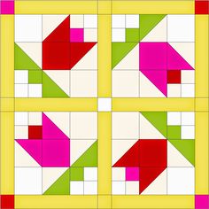 four squares with different colors and shapes in each square, one has an arrow at the center