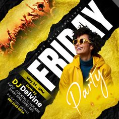 a flyer for a party with a man in yellow jacket and sunglasses