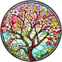 a round stained glass window with a tree in the center and flowers on it's branches