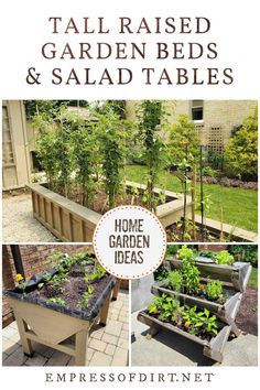 Collage of raised garden beds and salad tables in the garden.