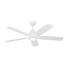 a white ceiling fan with three blades on the top and one light on the bottom