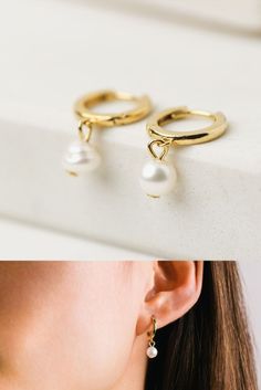 Romantic pearl earrings. What do you get when you pair a gold-plated brass hoop with a single fresh-water pearl? An effortlessly elegant look that strikes the perfect balance between modern and timeless. Pearl Gold Earrings, Romantic Earrings, Drop Hoop Earrings, Gold Pearl Earrings