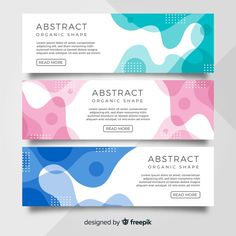 two abstract banners with blue and pink shapes