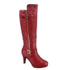 This Style Runs Pretty True To Size Round toe design Zipper for closure Golden zipper on side is for decoration, not functionable Finished with cushioned insole Faux Leather Heel Height: 3.65" (approx) shaft length: 17" (approx) including heel top opening circumference: 15" (approx) Size: 7.  Color: Red.  Gender: female.  Age Group: adult. Dress Boots Women, Wide Calf Riding Boots, Knee High Boots Flat, Casual High Heels, Round Toe Shoes, Faux Leather Heels, Womens Shoes High Heels, Womens Knee High Boots, Fashion High Heels