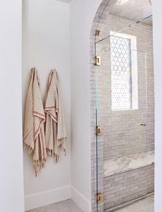 two towels hanging on the wall next to a shower