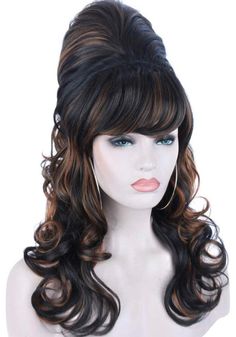 Black W/ Highlights Stylish 60s Retro Beehive Hair Full Cap - Etsy Black Brown Highlights, Matilda Costumes, Easy Trendy Hairstyles, 60’s Fashion, Good Quality Wigs, Beehive Hair, Cheap Wigs, Quality Wigs, Brown Highlights