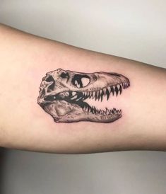 a black and white drawing of a t - rex skull on the right inner arm