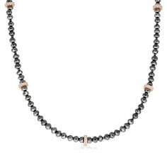 Sparkle daily with our elegant yet casual black antique round shaped diamond style necklace. This necklace features 40.54 carats of polished black diamonds cut to perfection with shimmer all along the chain as well as five rose gold white diamond pave lined handmade beads that ad a beautiful sparkling detail to the design. The necklace secures together in a rose gold white diamond pave-lined unique fish lock clasp. Impress your friends and family from up close and afar this necklace will always Elegant Rose Gold Jewelry With Black Diamonds, Elegant Rose Gold Jewelry With Gemstone Beads, Luxury Faceted Rose Gold Jewelry, Luxury Rose Gold Faceted Jewelry, Rose Gold Jewelry With Black Diamonds, Elegant Rose Gold Necklaces With Gemstone Beads, Faceted Rose Gold Round Beads Jewelry, Elegant Rose Gold Jewelry With Faceted Beads, Rose Gold Jewelry With Faceted Round Beads