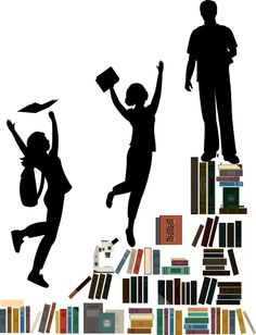 two children are jumping up and down from bookshelves to reach for the book