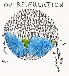 a drawing of people surrounding the earth with words overpopulation written on it,