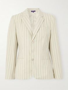 RALPH LAUREN COLLECTION Skye pinstriped cotton and linen-blend blazer | NET-A-PORTER Christian Dior Haute Couture, Americana Fashion, Estilo Preppy, Cotton Blazer, Ralph Lauren Collection, Professional Fashion, Long Sleeve Blazers, Linen Blazer, White Blazer